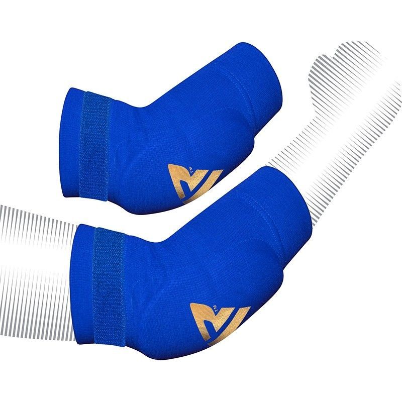 RDX polstrovaný chránič lakťov pre Muay Thai a MMA tréning, modro-zlatý